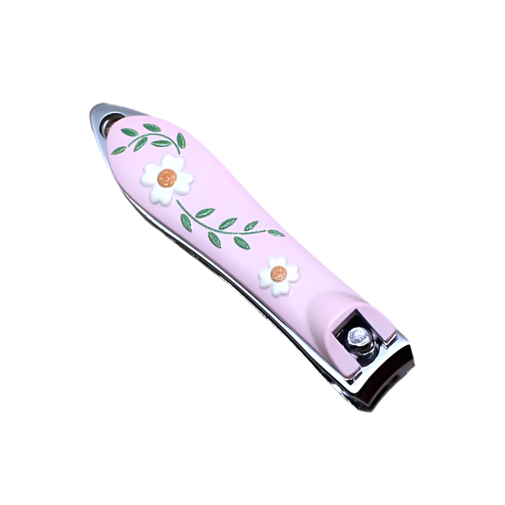 Light pink nail clipper with a floral design, featuring white flowers and green leaves on the surface.