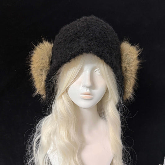 Black knit trapper hat with brown faux fur earflaps russian style winter fashion