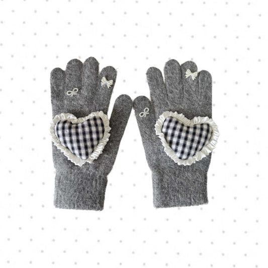 Grey knit gloves with gingham heart patch and white bows coquette style