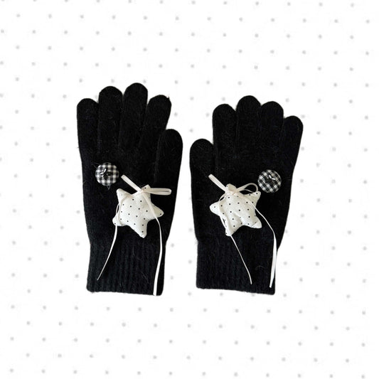 Black knit gloves with white stars and ribbon bows for Y2K grunge