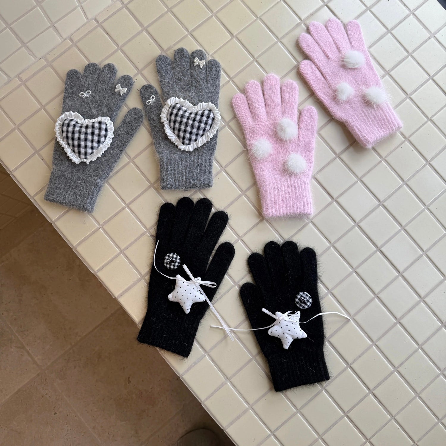 A collection of coquette, Y2K, and kawaii style winter gloves with bows and hearts.