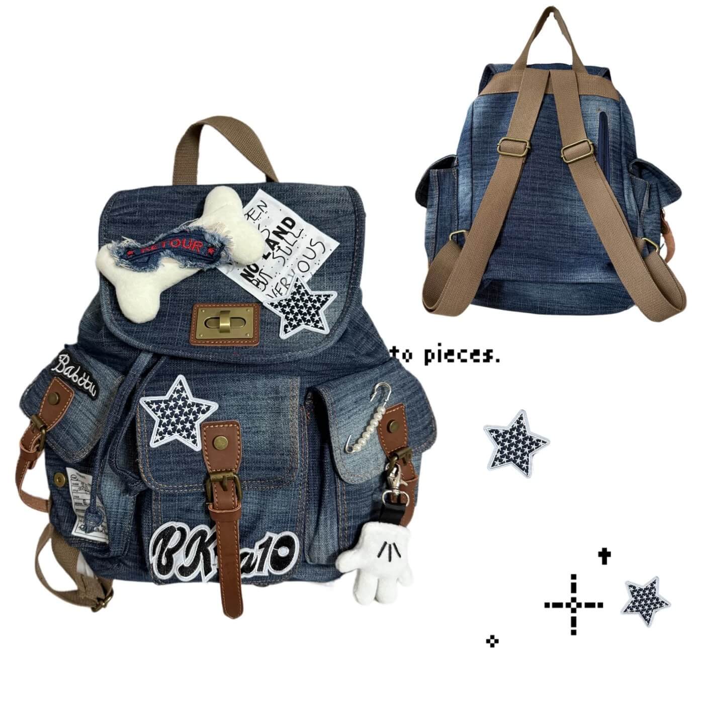Denim backpack with patches and stars on a white background