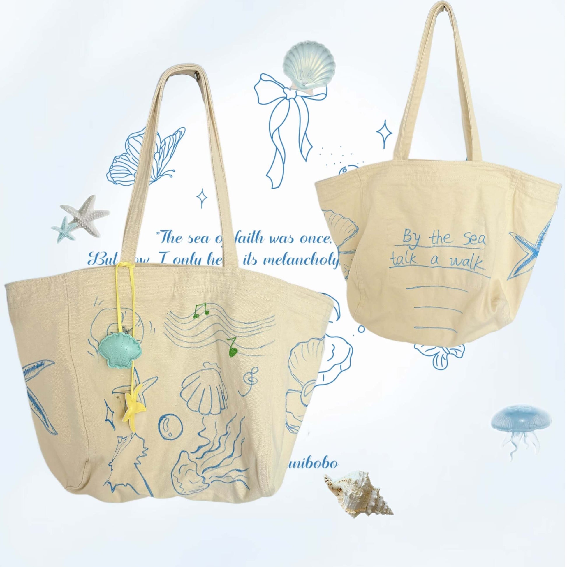 Beige tote bag with ocean-themed designs and text on a light blue background with sea creature illustrations.