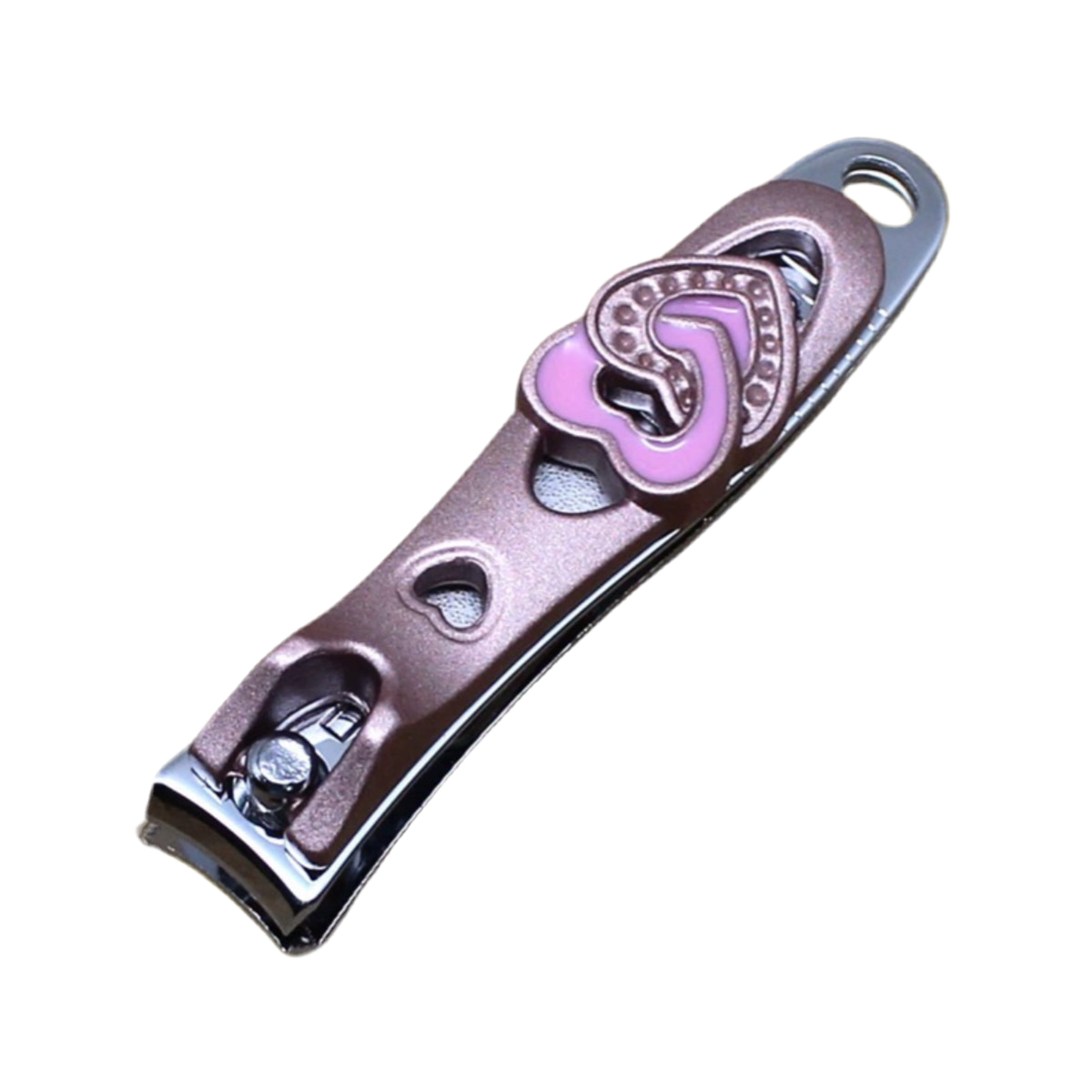 A pair of pink nail clipers with a heart and diamond design.