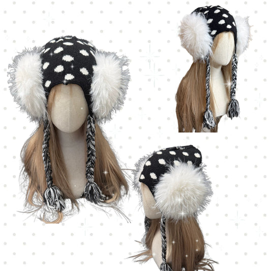 Black and white polka dot knit earflap hat with big white fur pom poms y2k aesthetic
