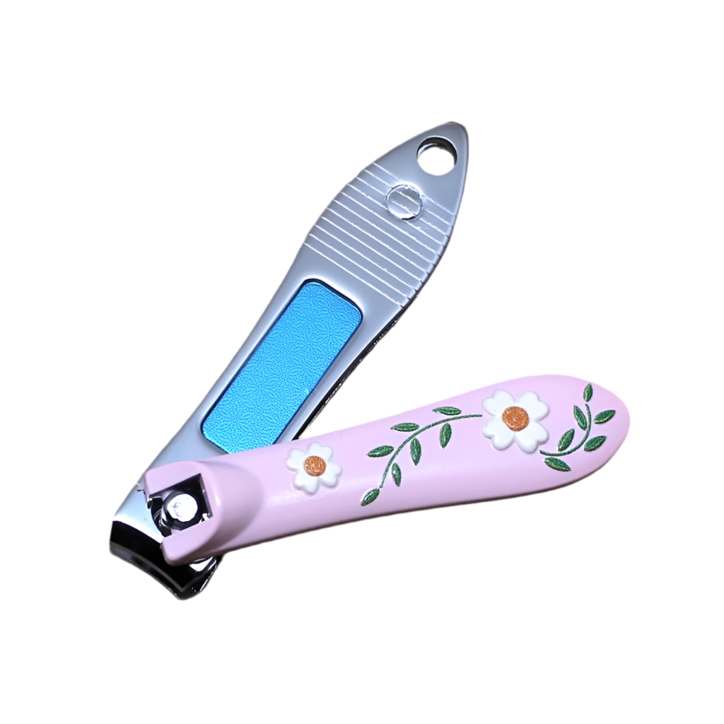 Light pink nail clipper with a floral design, featuring white flowers and green leaves on the surface.