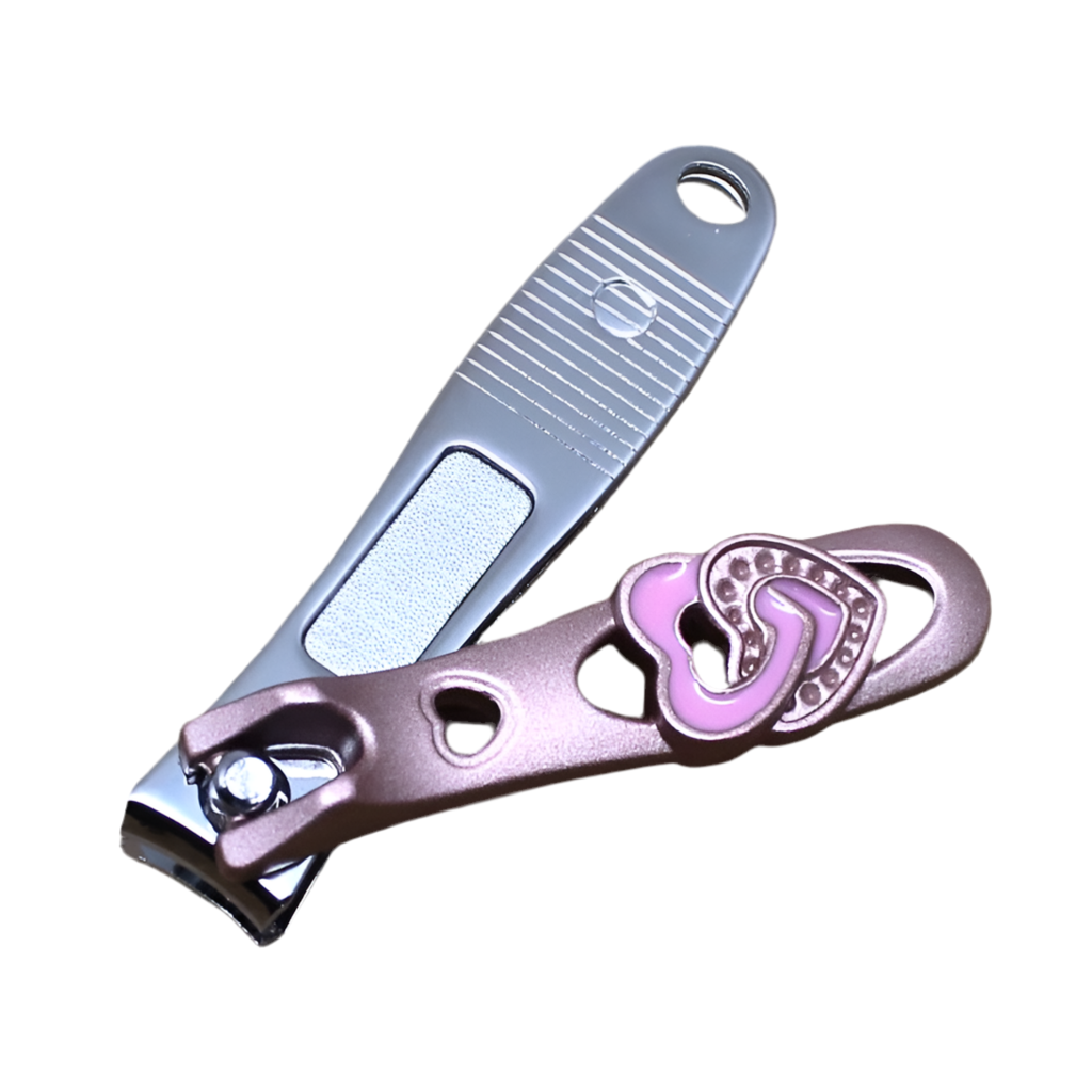 A pair of pink nail clipers with a heart and diamond design.