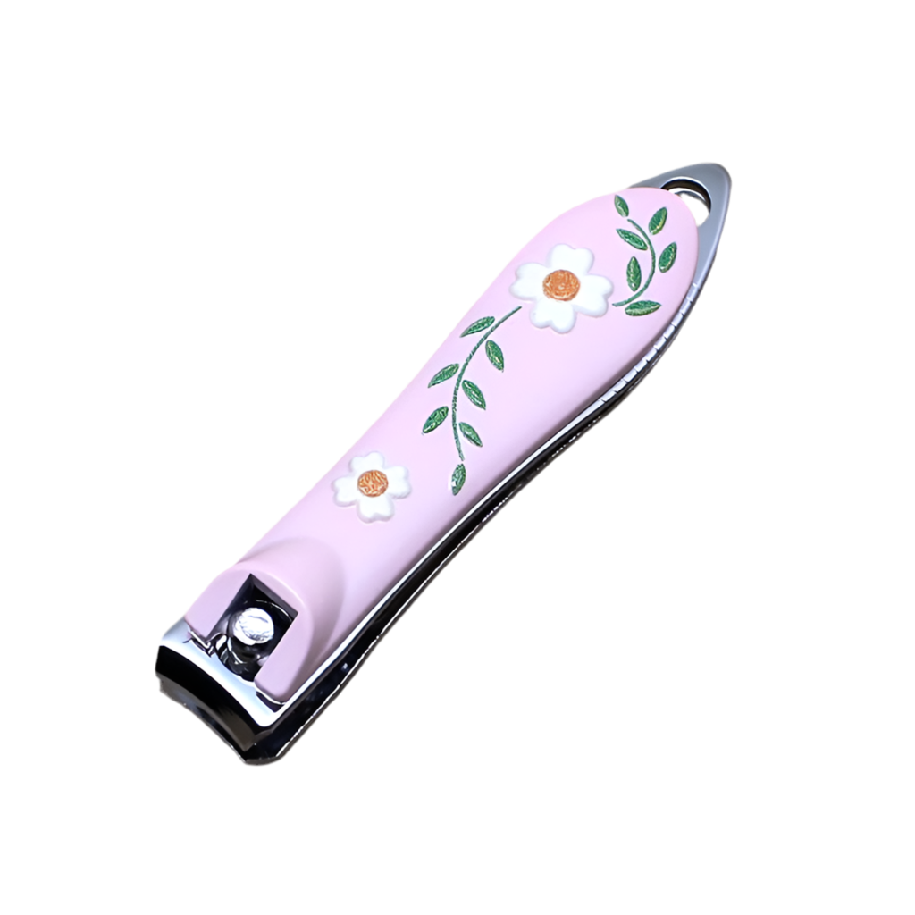 Light pink nail clipper with a floral design, featuring white flowers and green leaves on the surface.