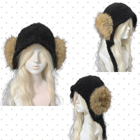 Black knit trapper hat with brown faux fur earflaps russian style winter fashion