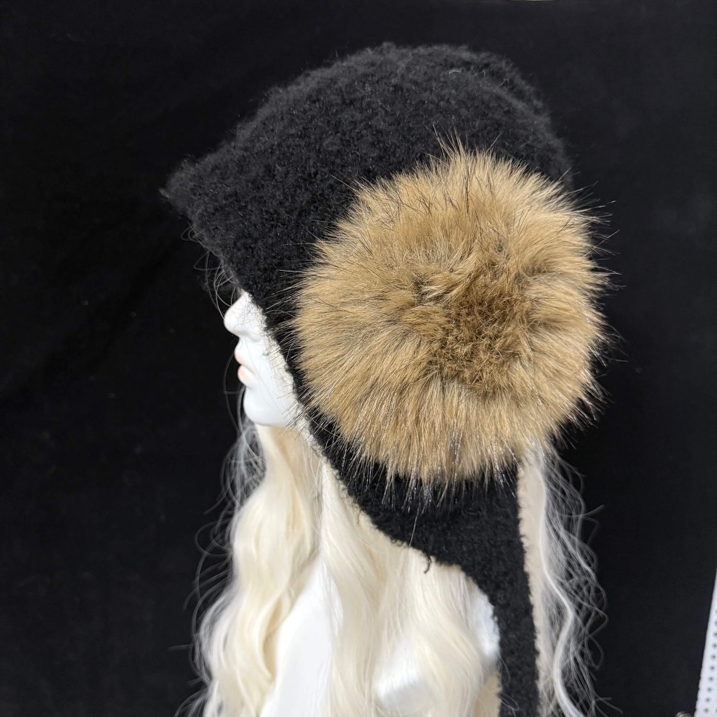 Black knit trapper hat with brown faux fur earflaps russian style winter fashion