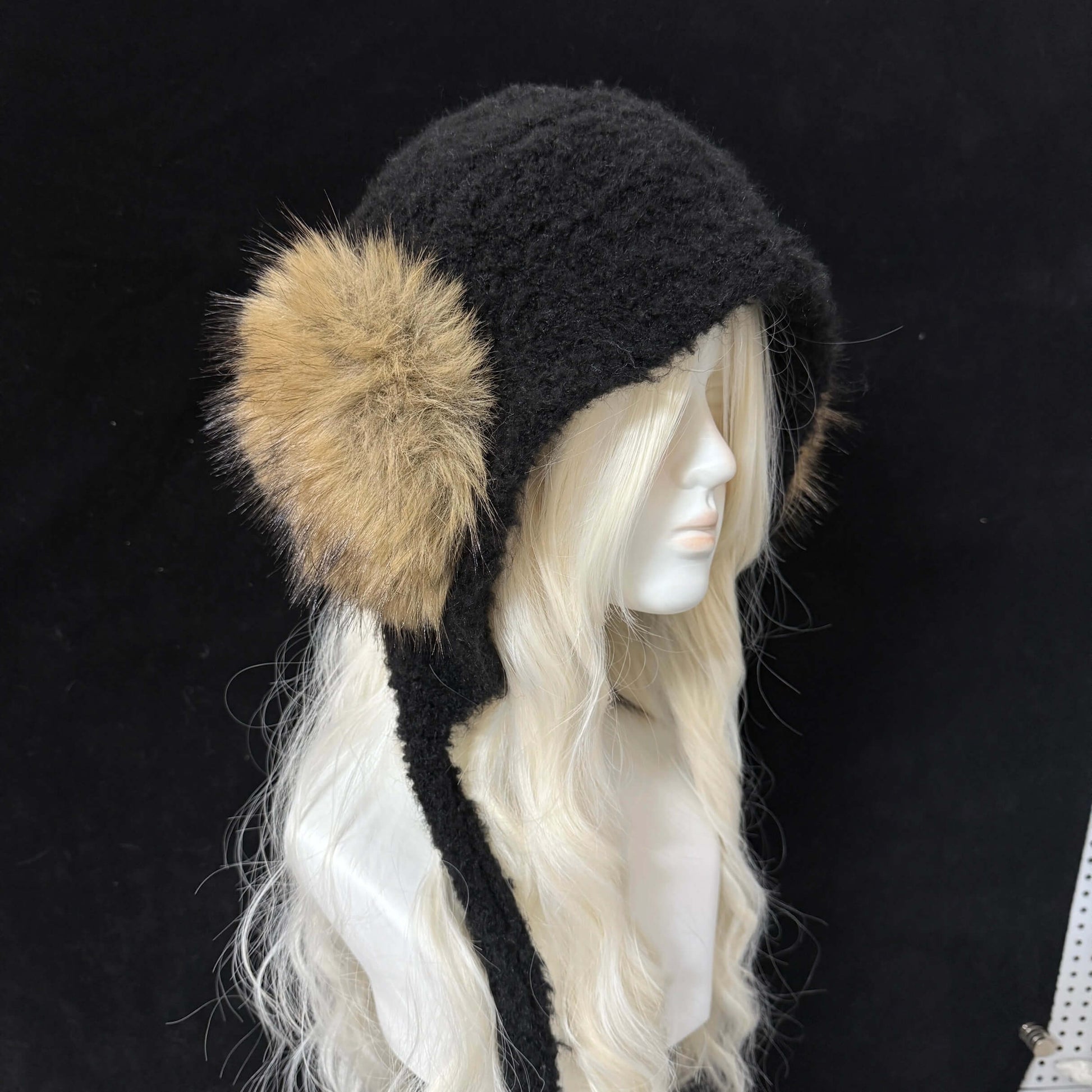 Black knit trapper hat with brown faux fur earflaps russian style winter fashion