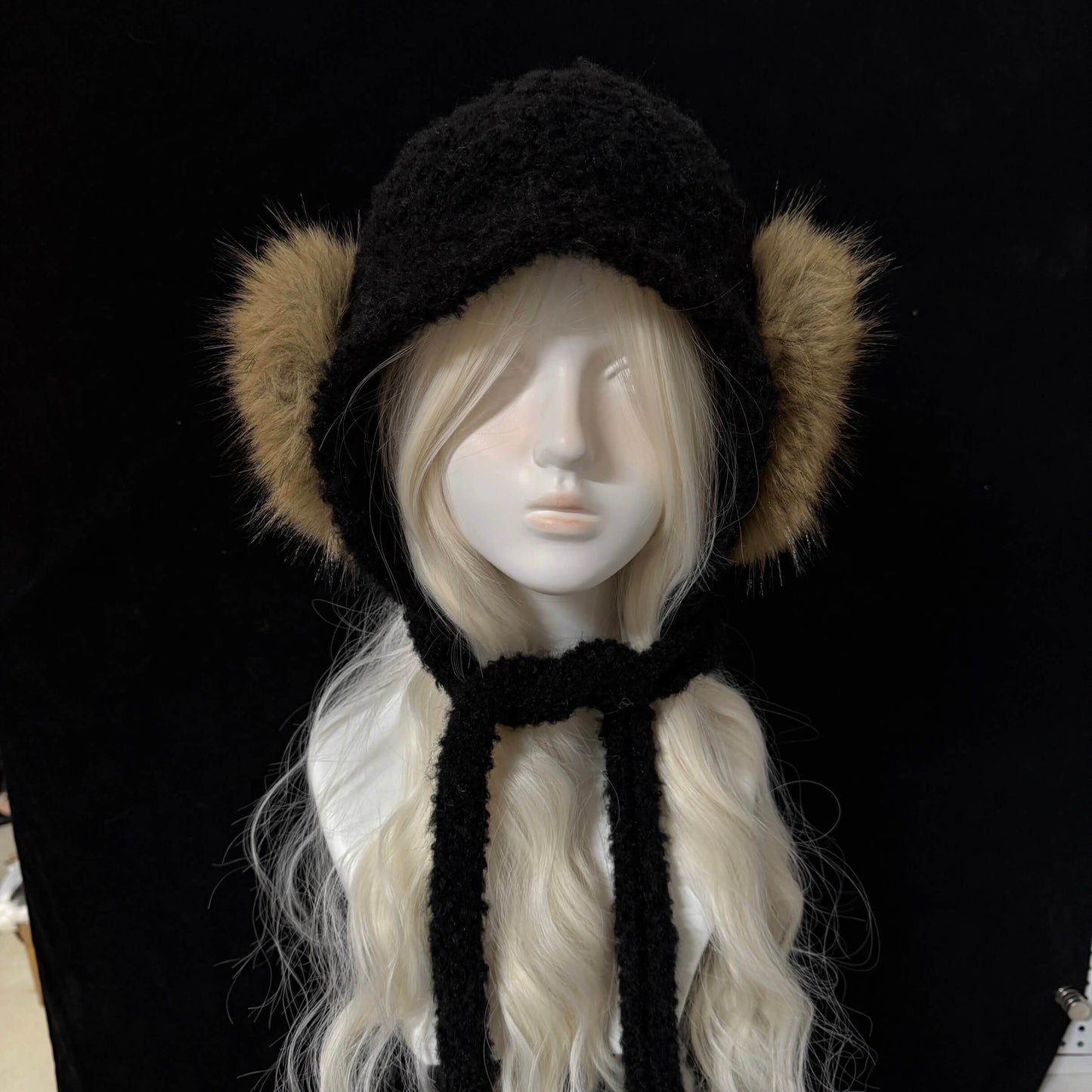 Black knit trapper hat with brown faux fur earflaps russian style winter fashion
