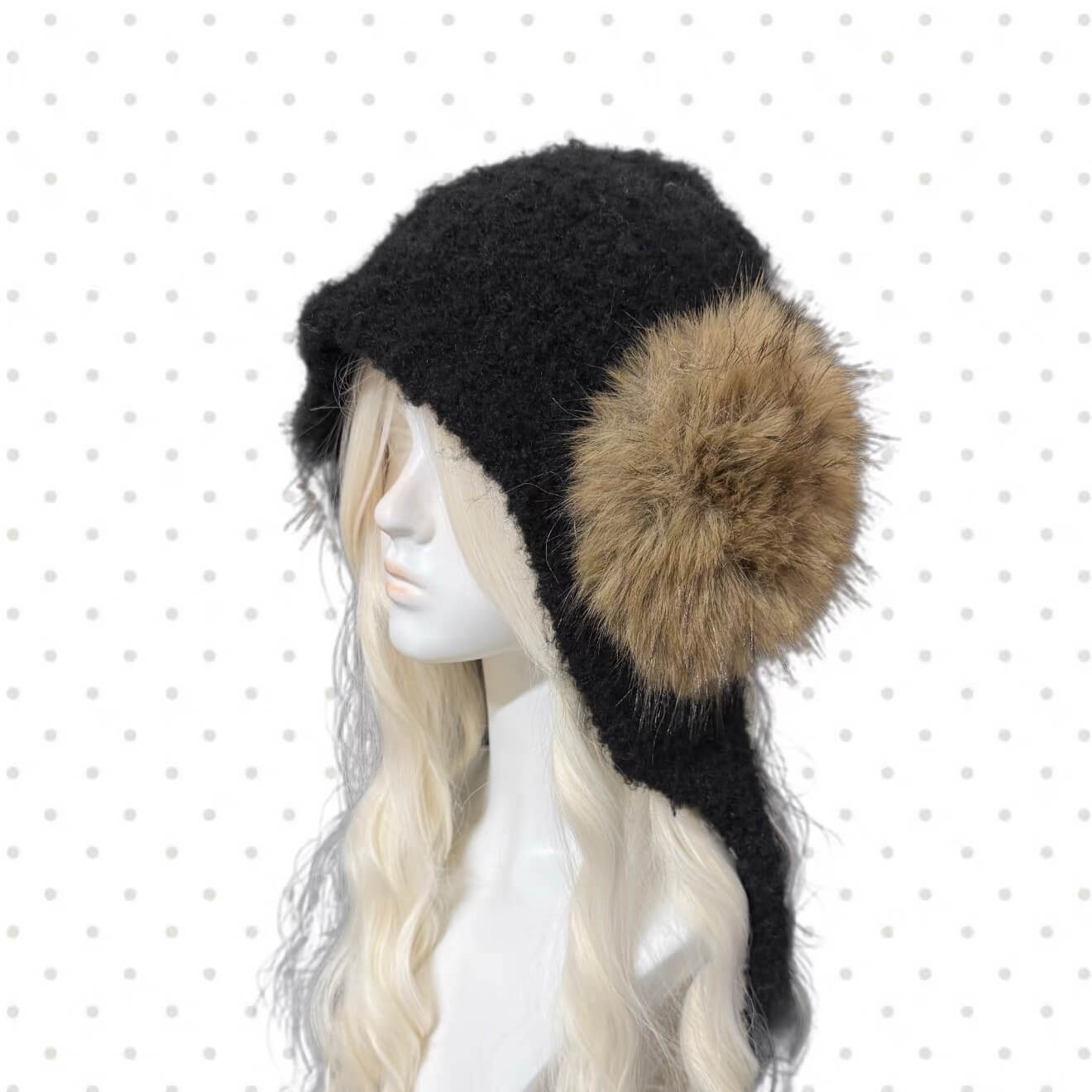Black knit trapper hat with brown faux fur earflaps russian style winter fashion