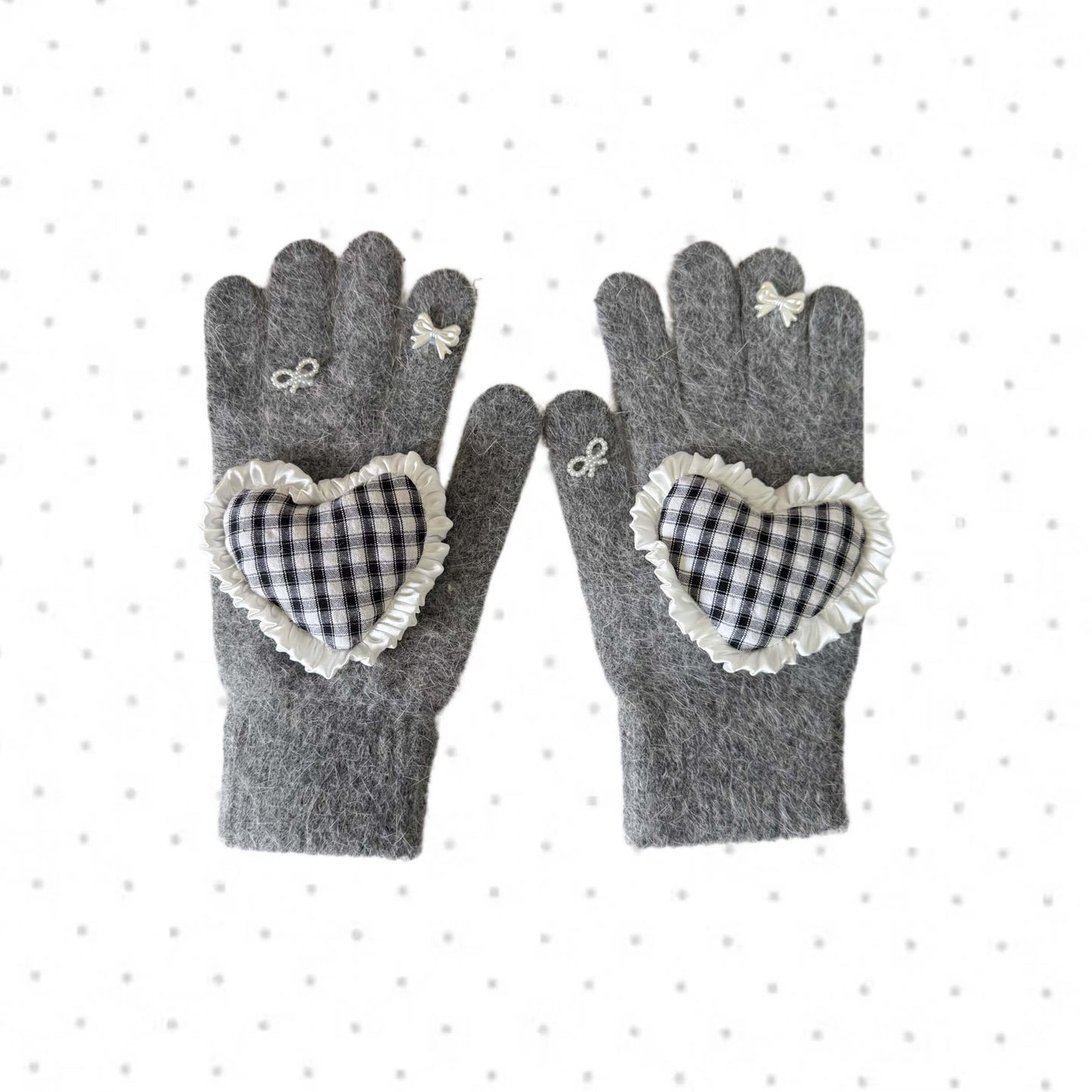 Grey knit gloves with gingham heart patch and white bows coquette style