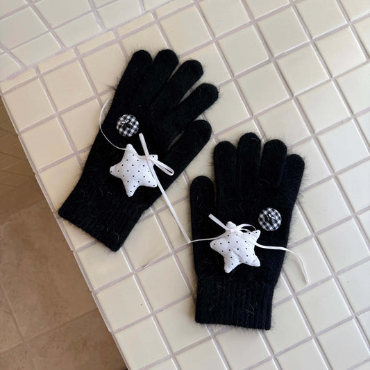 Black knit gloves with white stars and ribbon bows for Y2K grunge 