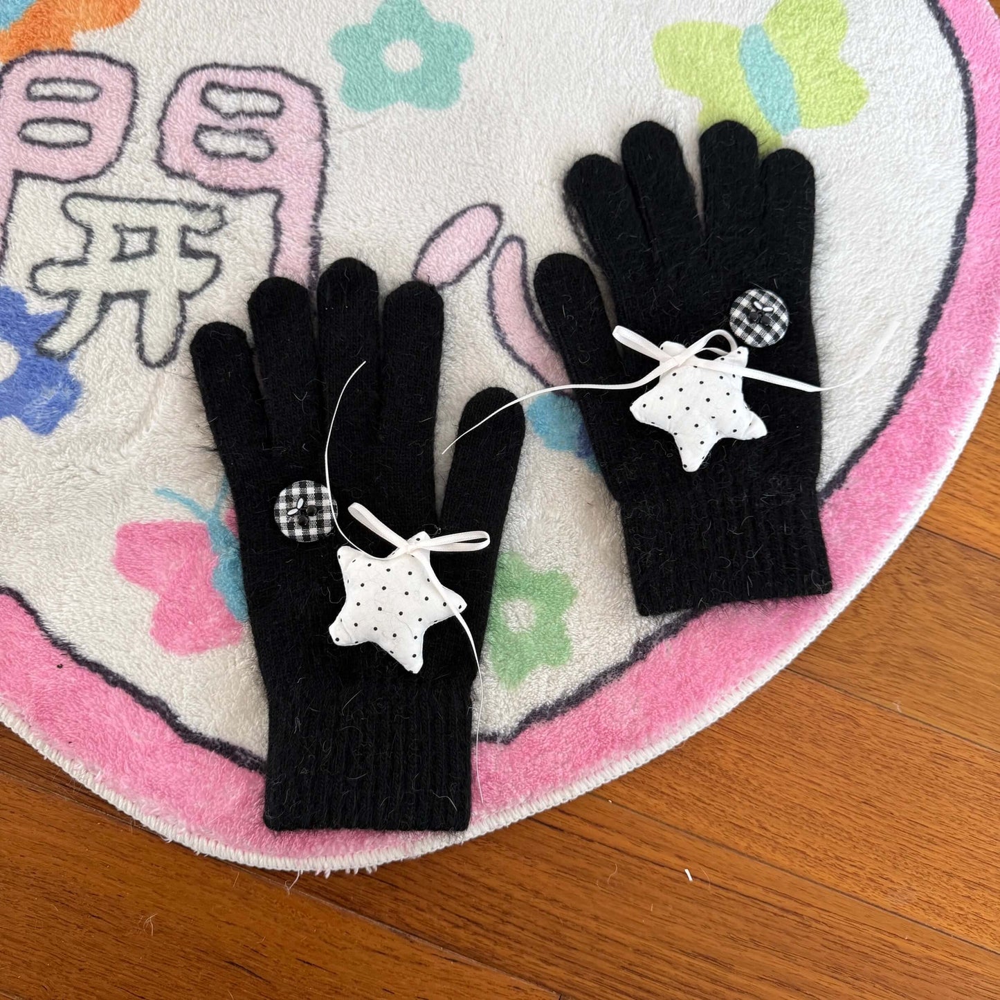 Black knit gloves with white stars and ribbon bows for Y2K grunge 