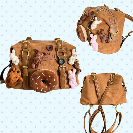 Kawaii brown faux suede backpack with 3D plushie bear, donut, and bunnies.