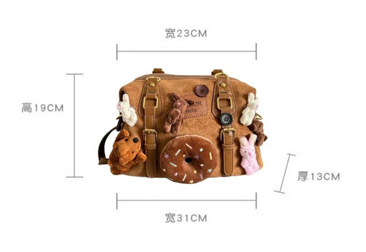 Kawaii brown faux suede backpack with 3D plushie bear, donut, and bunnies.