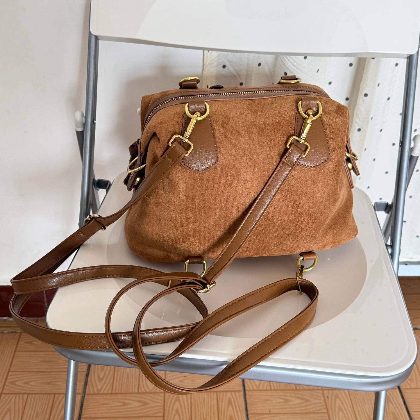 Kawaii brown faux suede backpack with 3D plushie bear, donut, and bunnies.