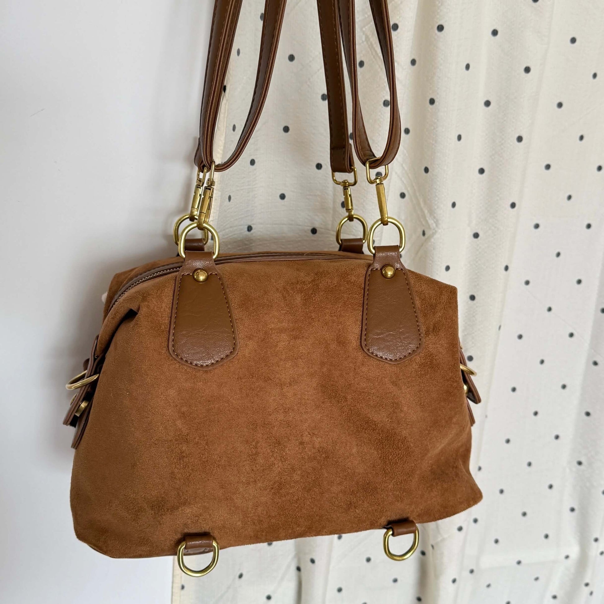 Kawaii brown faux suede backpack with 3D plushie bear, donut, and bunnies.