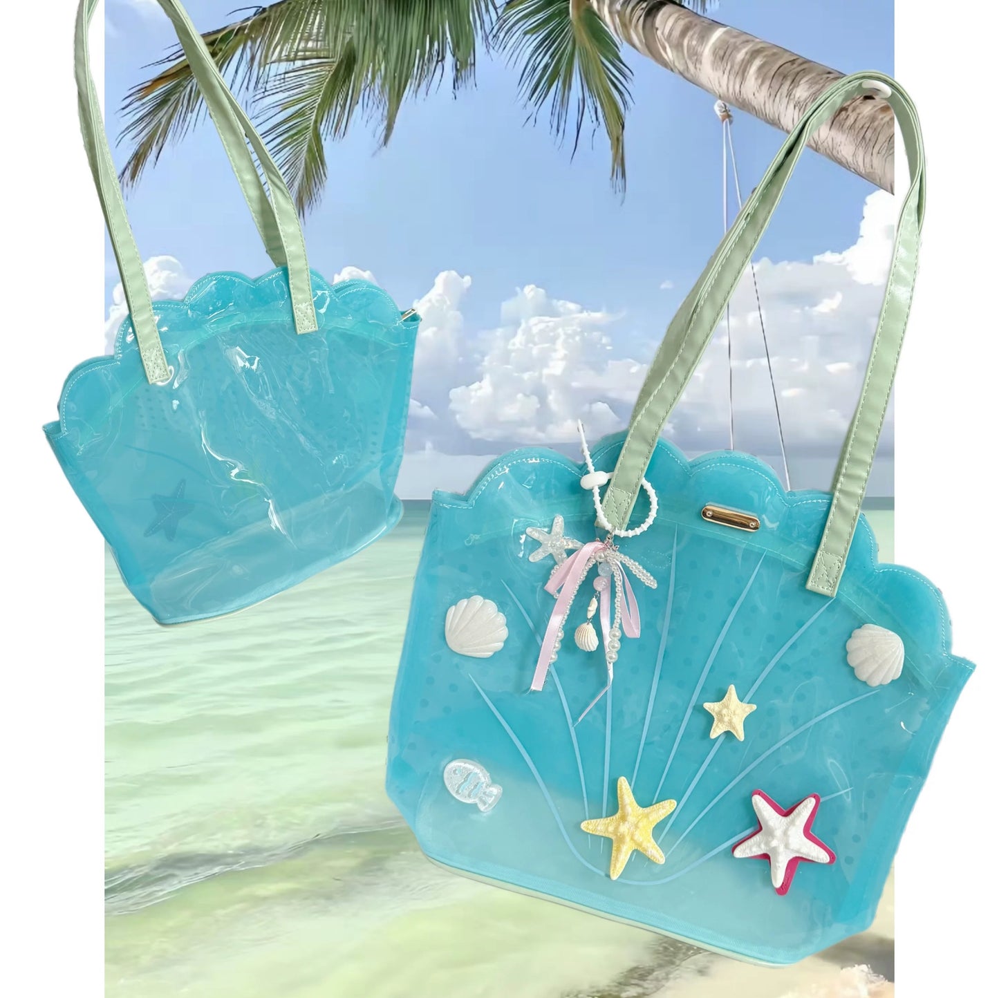 Clear aqua blue shell-shaped jelly tote bag with 3D starfish, seashells, and pearl ribbon charm.