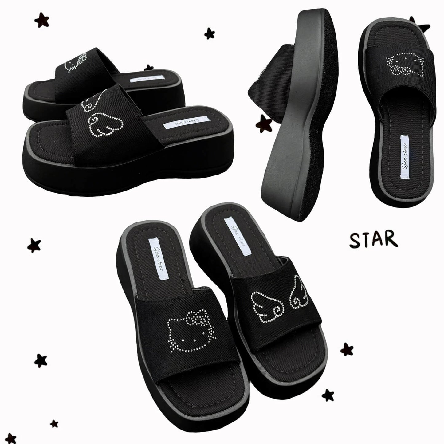 Black platform slide sandals with rhinestone cartoon cat design and chunky sole