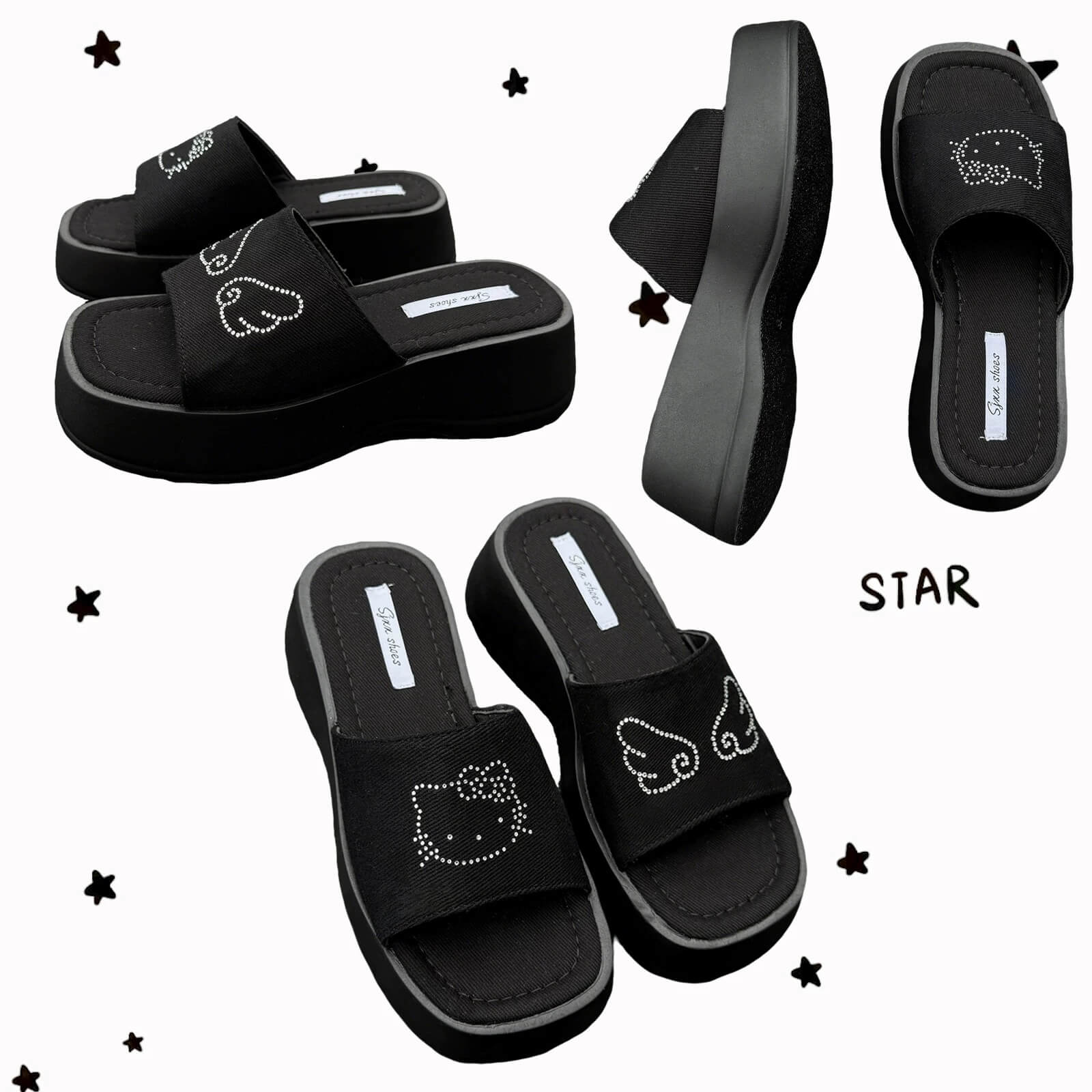 Black platform slide sandals with rhinestone cartoon cat design and chunky sole