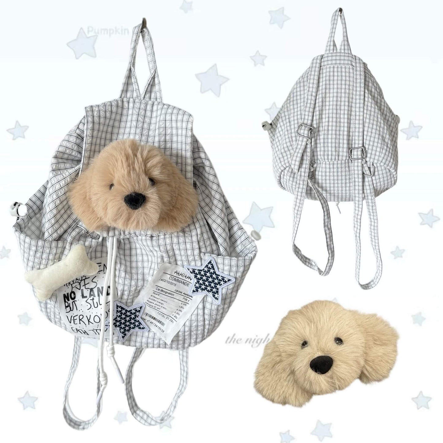 Plush dog toy in a checkered bag with stars on a white background
