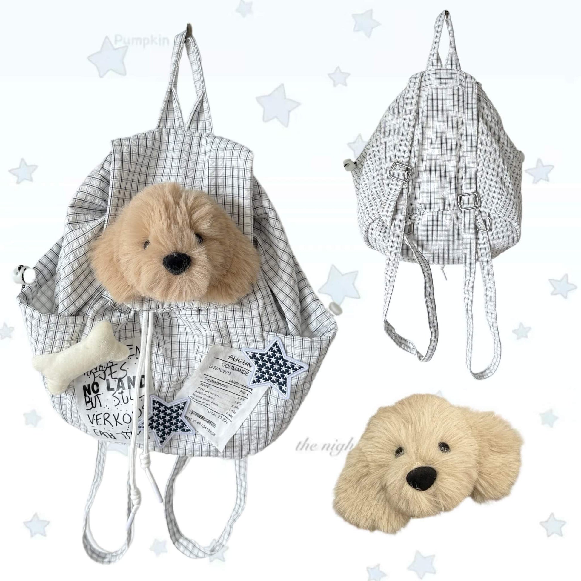Plush dog toy in a checkered bag with stars on a white background