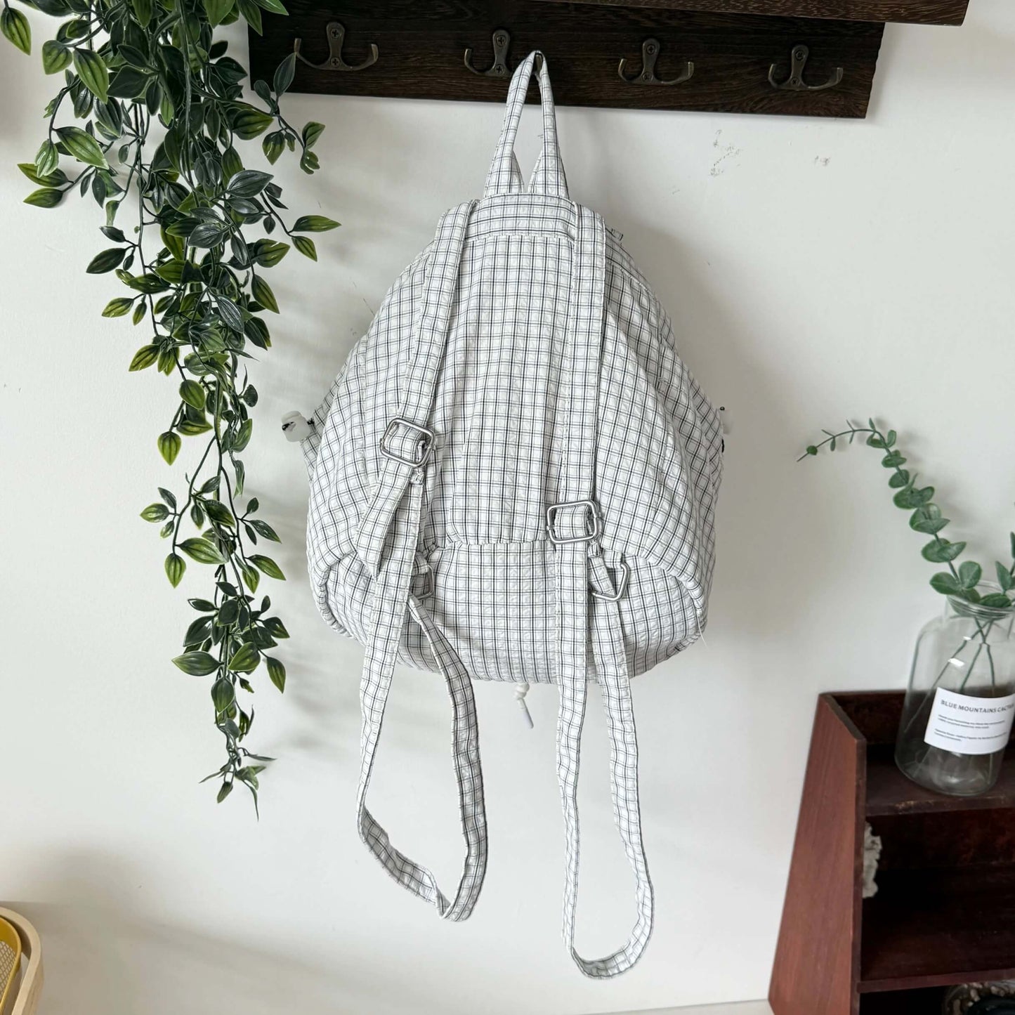 Plaid backpack hanging on a wall hook with plants and a shelf in the background.