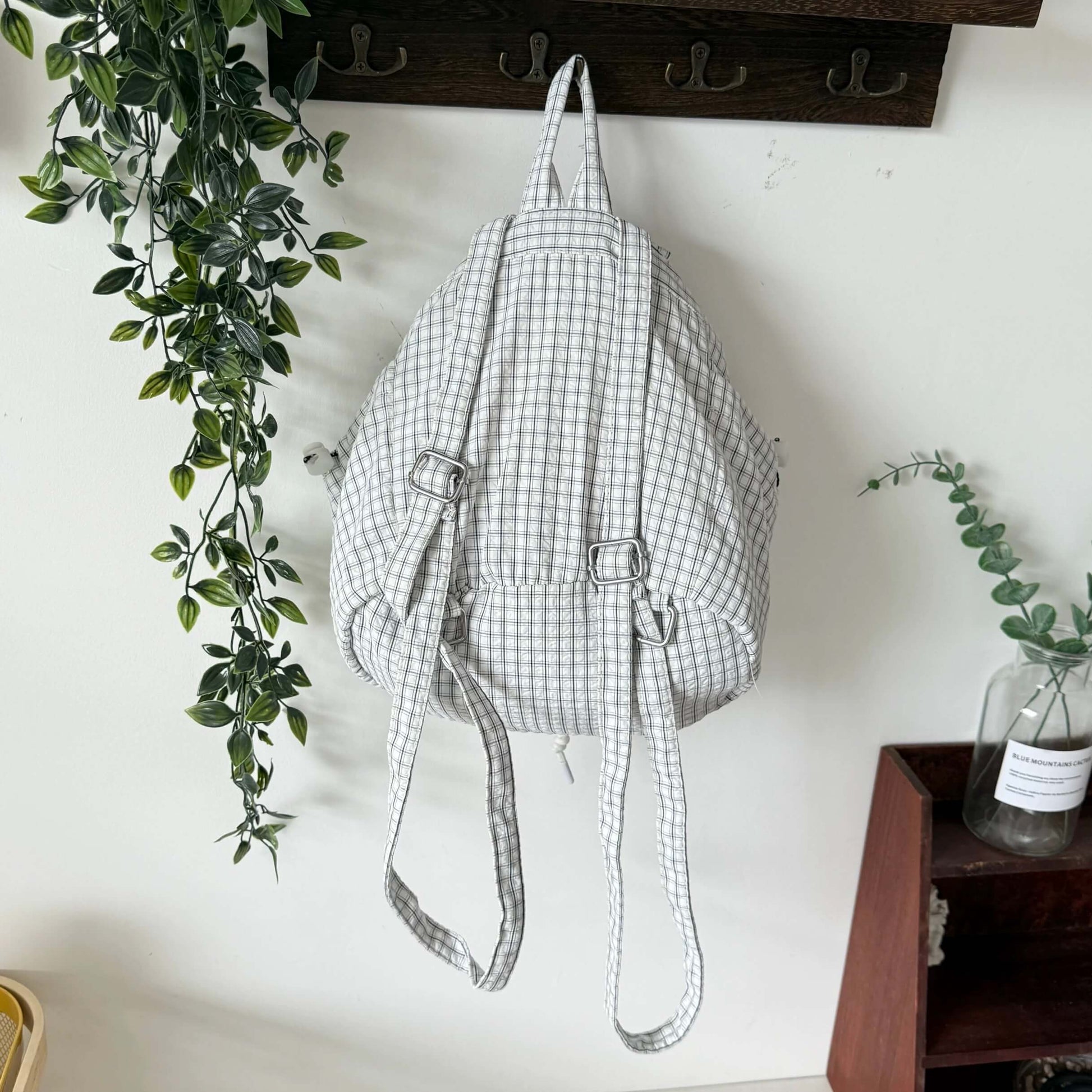 Plaid backpack hanging on a wall hook with plants and a shelf in the background.