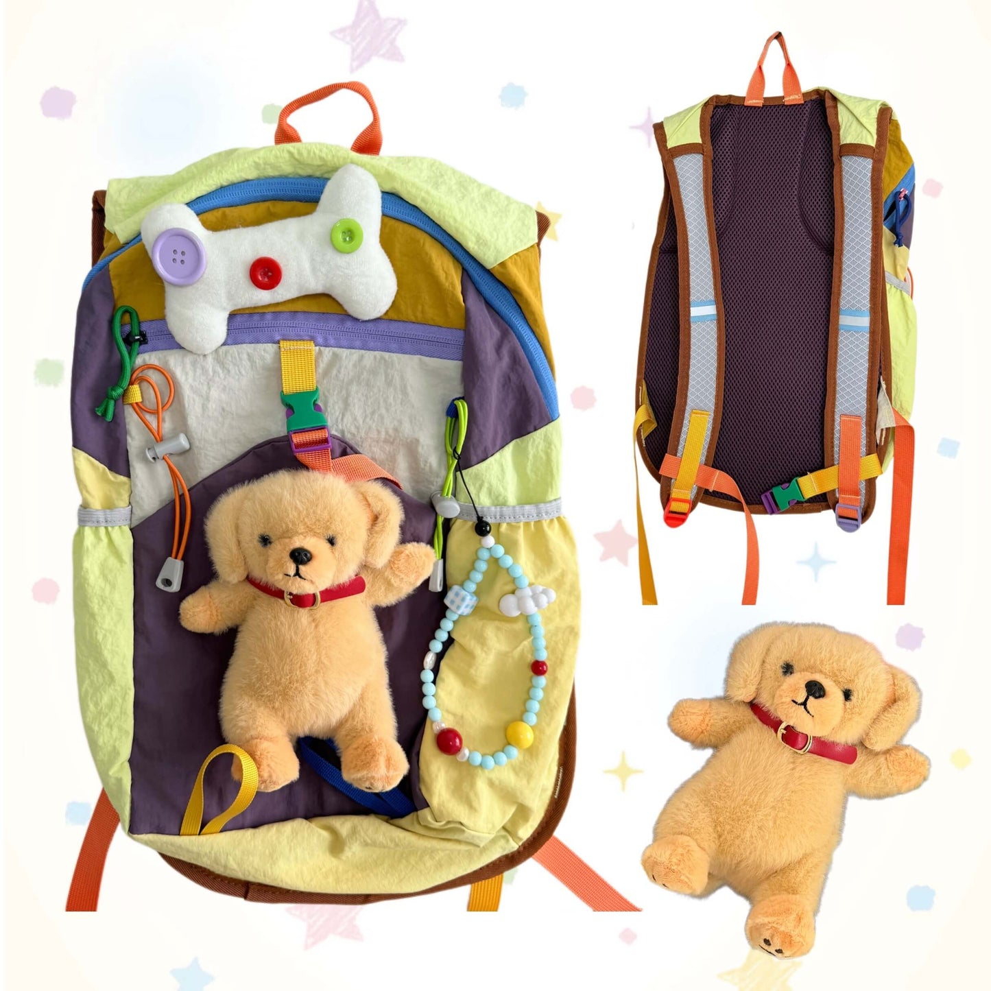 Children's backpack with teddy bear and toys on a white background
